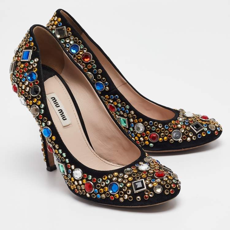 Pre Owned Miu Miu Black Suede Crystals Embellished Pumps Size 38.5
