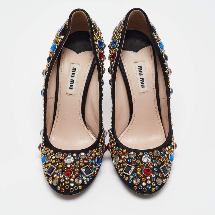 Pre Owned Miu Miu Black Suede Crystals Embellished Pumps Size 38.5