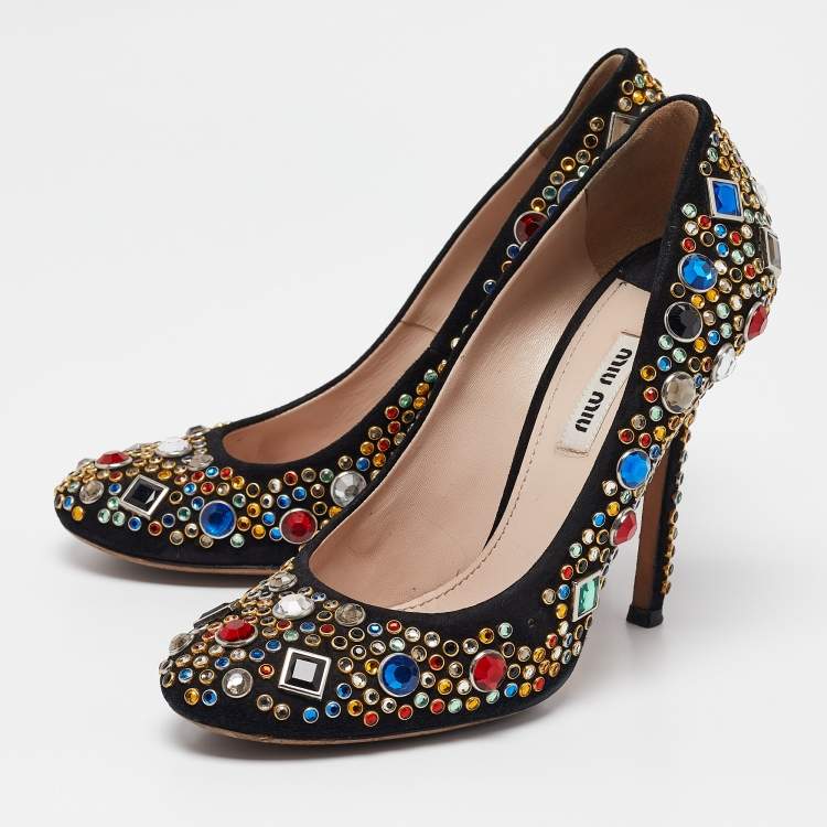 Pre Owned Miu Miu Black Suede Crystals Embellished Pumps Size 38.5