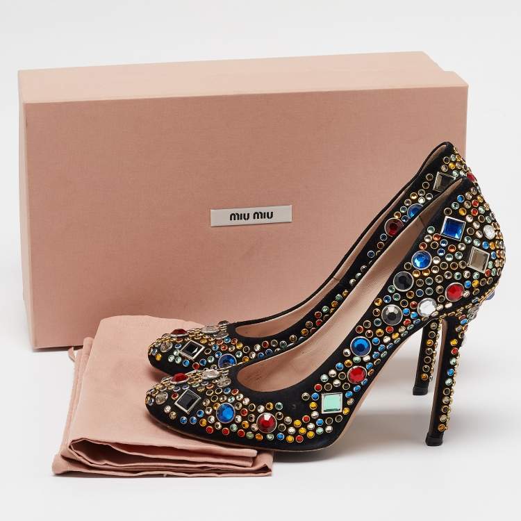 Pre Owned Miu Miu Black Suede Crystals Embellished Pumps Size 38.5