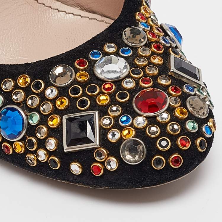Pre Owned Miu Miu Black Suede Crystals Embellished Pumps Size 38.5