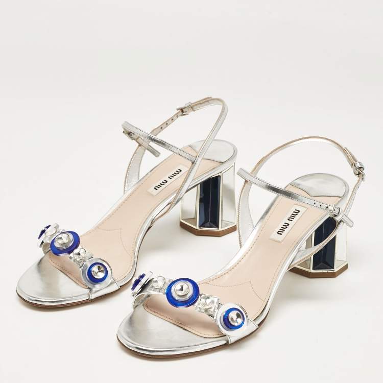 Pre Owned Miu Miu Silver Leather Crystal Embellished Ankle Strap Sandals Size 38