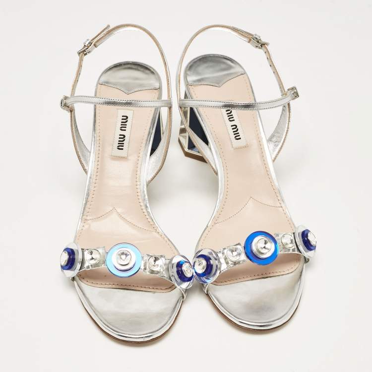 Pre Owned Miu Miu Silver Leather Crystal Embellished Ankle Strap Sandals Size 38