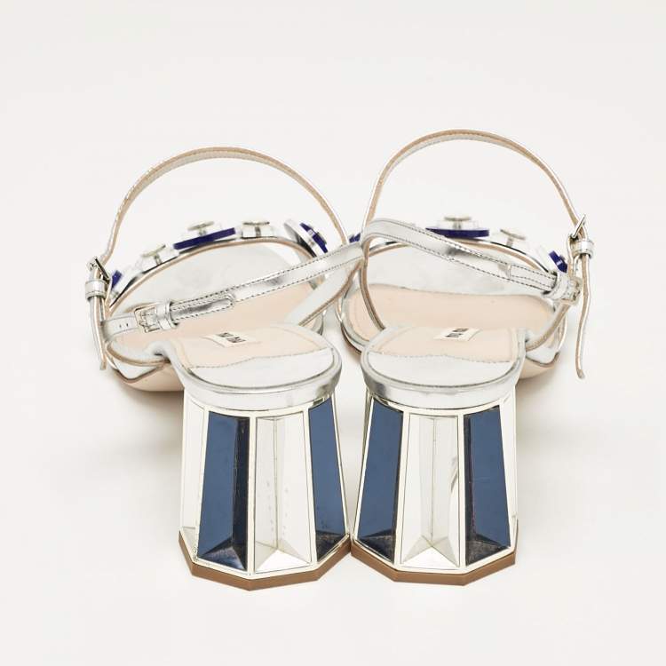 Pre Owned Miu Miu Silver Leather Crystal Embellished Ankle Strap Sandals Size 38
