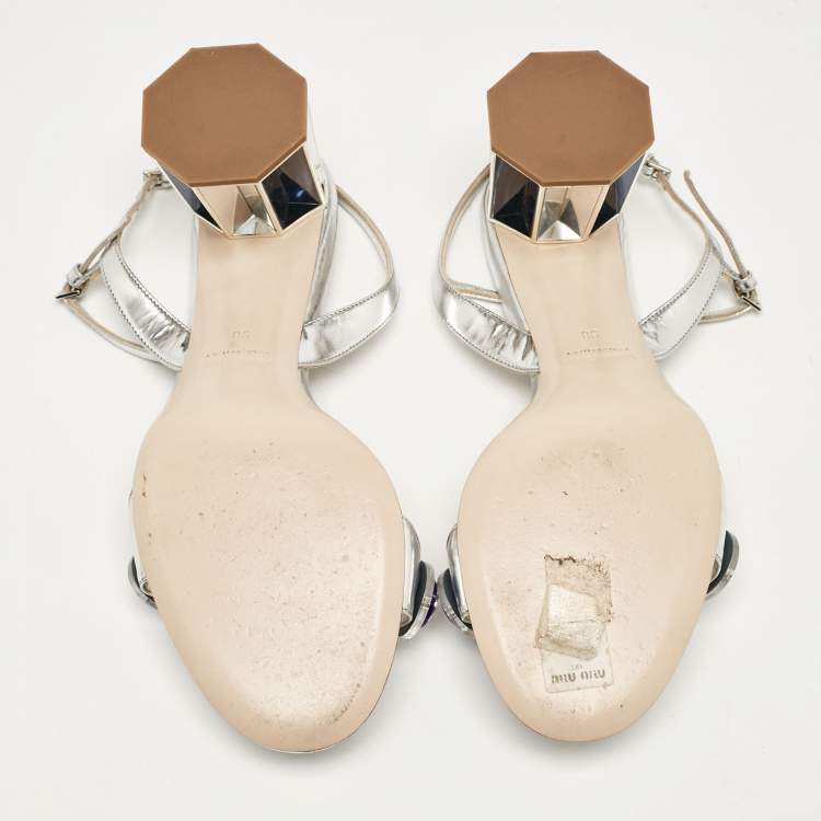 Pre Owned Miu Miu Silver Leather Crystal Embellished Ankle Strap Sandals Size 38