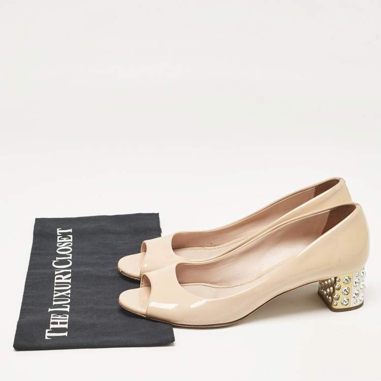 Pre Owned Miu Miu Beige Patent Leather Peep Toe Pumps Size 39.5