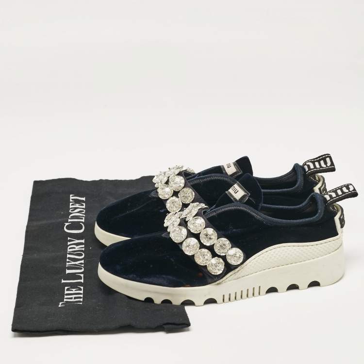 Pre Owned Miu Miu Navy Blue Velvet Crystal Embellished Slip On Sneakers Size 35.5