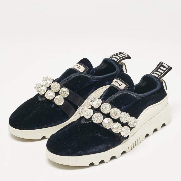Pre Owned Miu Miu Navy Blue Velvet Crystal Embellished Slip On Sneakers Size 35.5