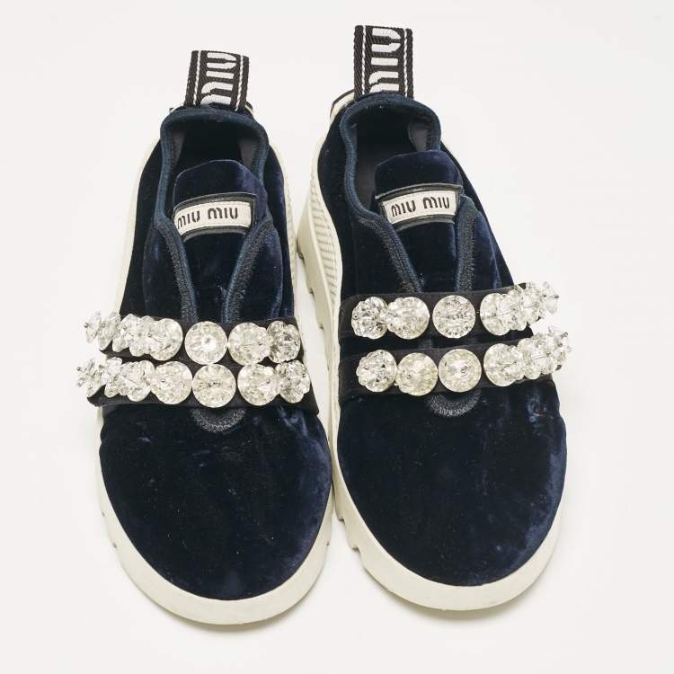 Pre Owned Miu Miu Navy Blue Velvet Crystal Embellished Slip On Sneakers Size 35.5