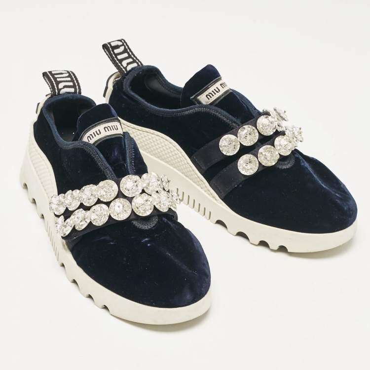 Pre Owned Miu Miu Navy Blue Velvet Crystal Embellished Slip On Sneakers Size 35.5