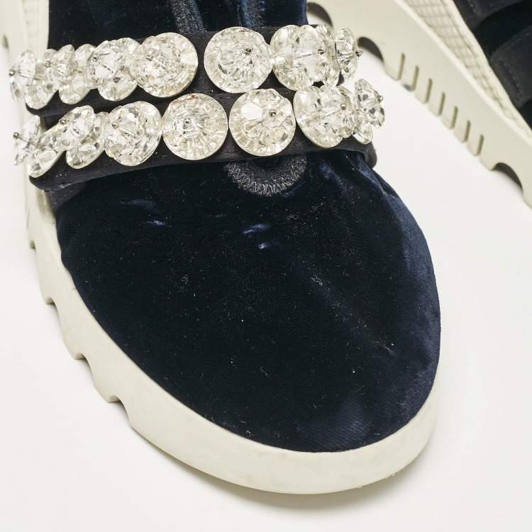 Pre Owned Miu Miu Navy Blue Velvet Crystal Embellished Slip On Sneakers Size 35.5