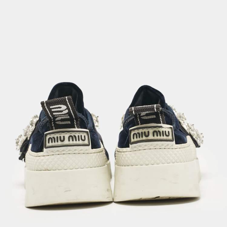Pre Owned Miu Miu Navy Blue Velvet Crystal Embellished Slip On Sneakers Size 35.5