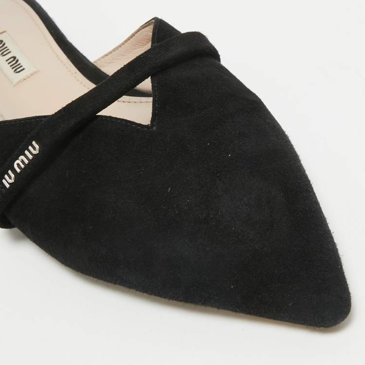 Pre Owned Miu Miu Black Suede Crystal Embellished Flat Mules Size 39.5  