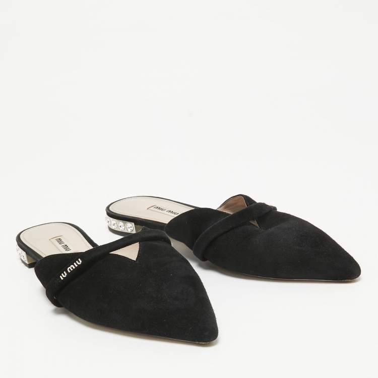 Pre Owned Miu Miu Black Suede Crystal Embellished Flat Mules Size 39.5  