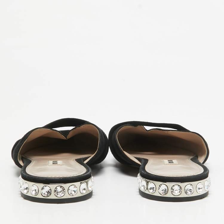 Pre Owned Miu Miu Black Suede Crystal Embellished Flat Mules Size 39.5  