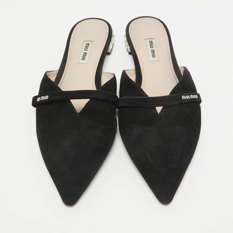 Pre Owned Miu Miu Black Suede Crystal Embellished Flat Mules Size 39.5  