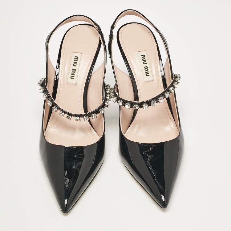 Pre Owned Miu Miu Black Patent Leather Crystal Embellished Pointed Toe Slingback Pumps Size 37.5