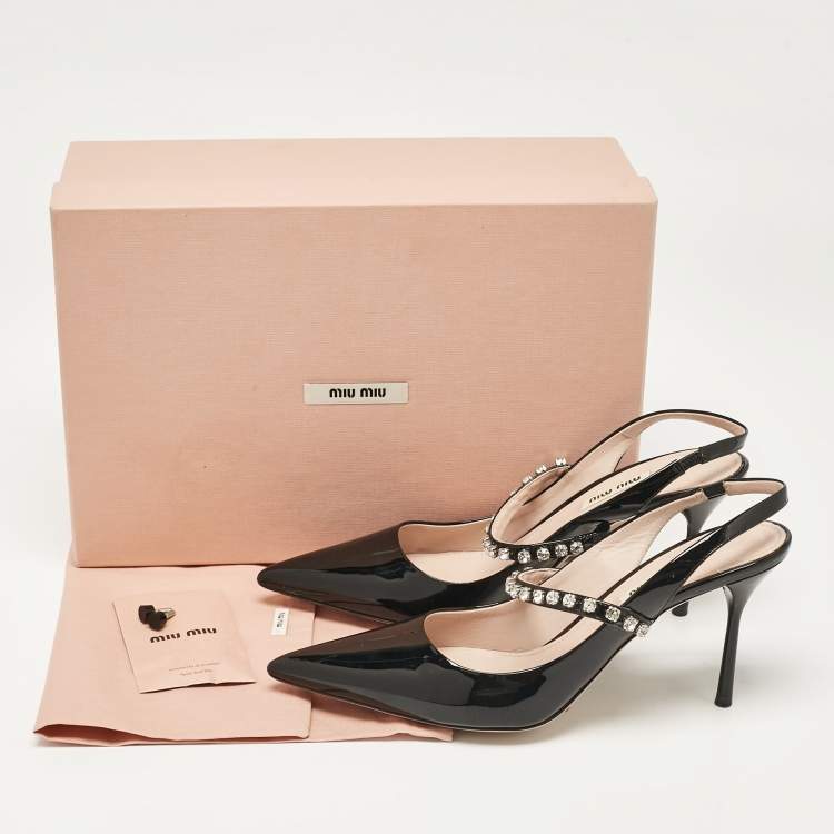 Pre Owned Miu Miu Black Patent Leather Crystal Embellished Pointed Toe Slingback Pumps Size 37.5