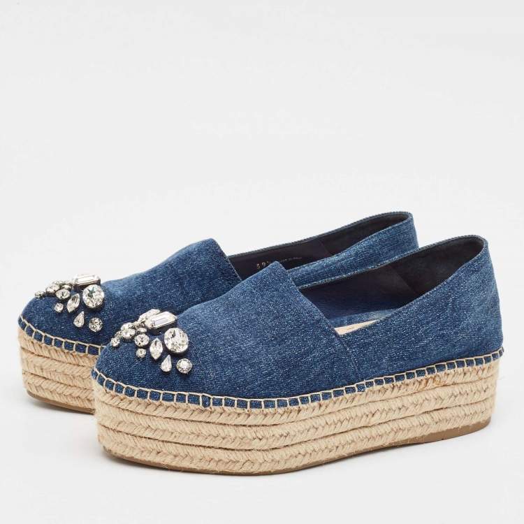 Pre Owned Miu Miu Blue Denim Crystal Embellished Platform Espadrille Flats Size 39.5