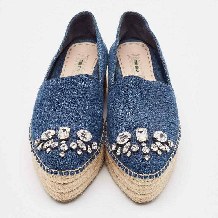 Pre Owned Miu Miu Blue Denim Crystal Embellished Platform Espadrille Flats Size 39.5