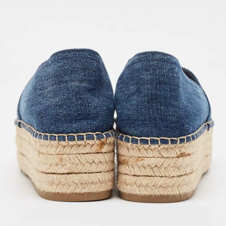 Pre Owned Miu Miu Blue Denim Crystal Embellished Platform Espadrille Flats Size 39.5