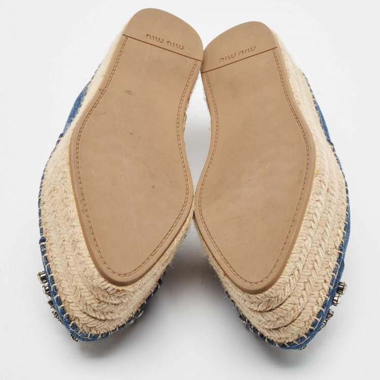 Pre Owned Miu Miu Blue Denim Crystal Embellished Platform Espadrille Flats Size 39.5