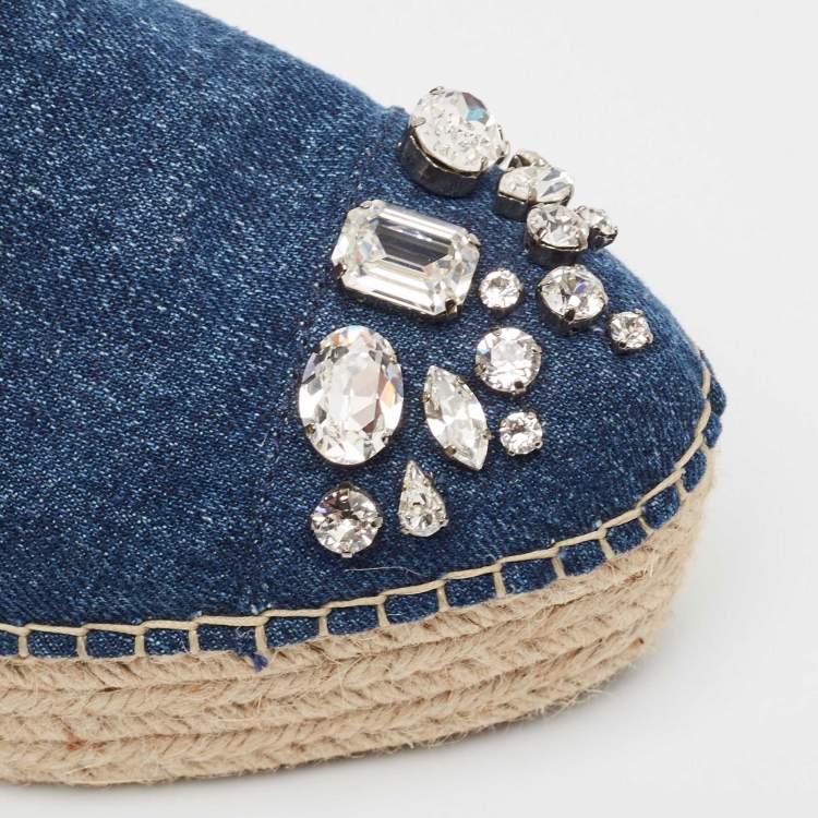Pre Owned Miu Miu Blue Denim Crystal Embellished Platform Espadrille Flats Size 39.5