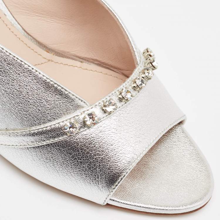 Pre Owned Miu Miu Silver Leather Crystal Embellished Slide Sandals Size 40