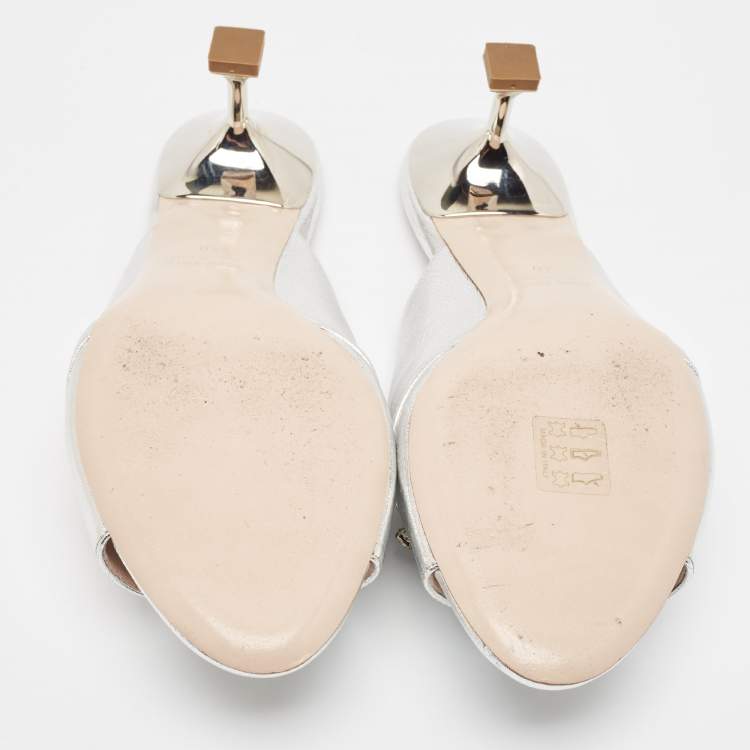 Pre Owned Miu Miu Silver Leather Crystal Embellished Slide Sandals Size 40