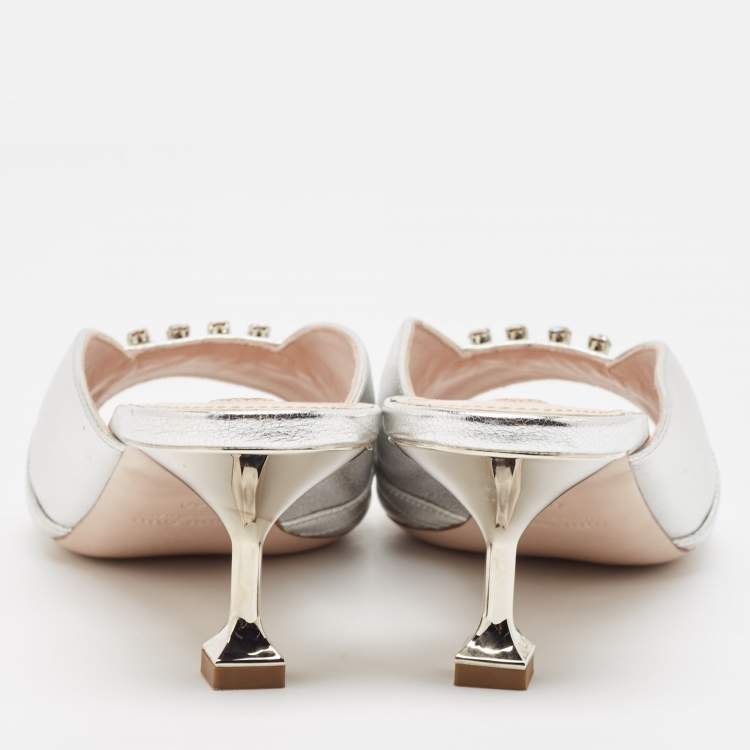 Pre Owned Miu Miu Silver Leather Crystal Embellished Slide Sandals Size 40