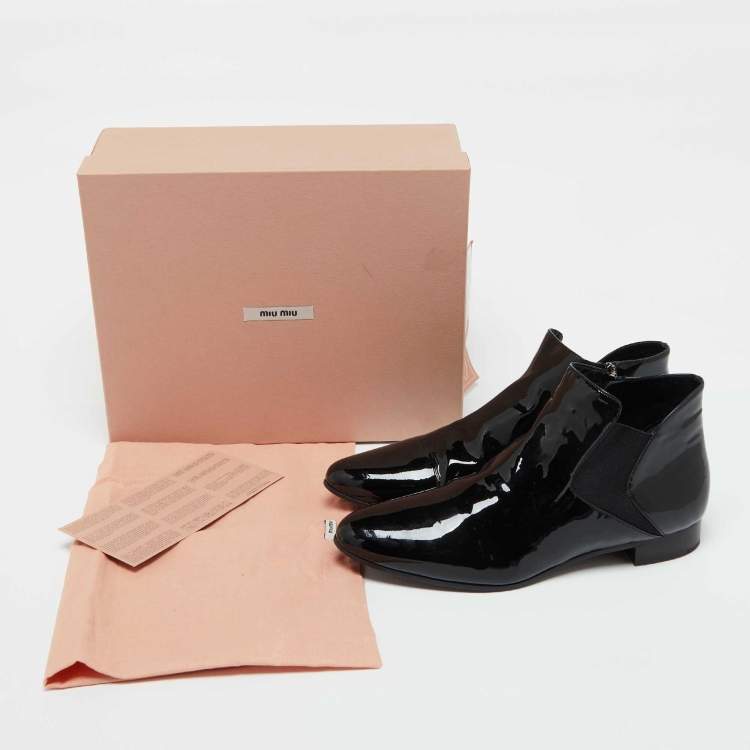 Pre Owned Miu Miu Black Patent Leather Ankle Length Boots Size 41.5