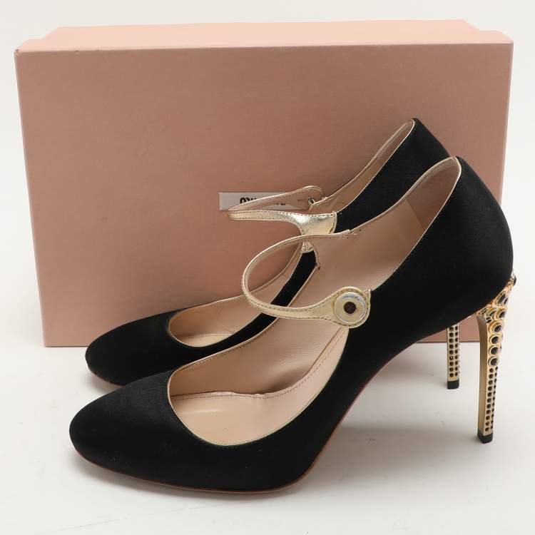 Pre Owned Miu Miu Black/Gold Satin and Leather Mary Jane Pumps Size 40
