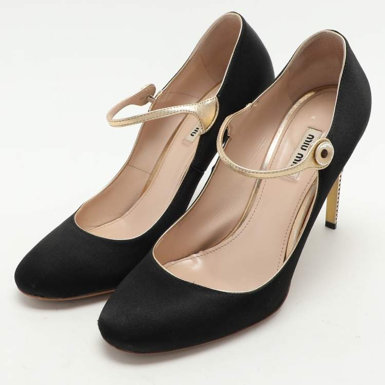 Pre Owned Miu Miu Black/Gold Satin and Leather Mary Jane Pumps Size 40