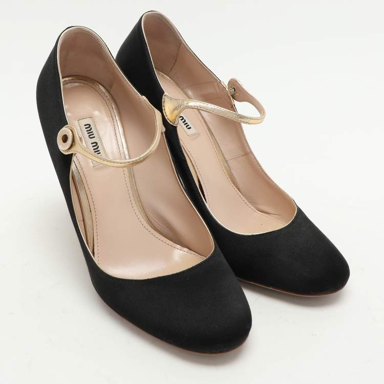 Pre Owned Miu Miu Black/Gold Satin and Leather Mary Jane Pumps Size 40