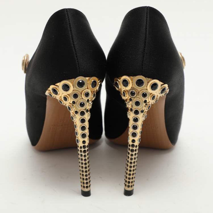 Pre Owned Miu Miu Black/Gold Satin and Leather Mary Jane Pumps Size 40