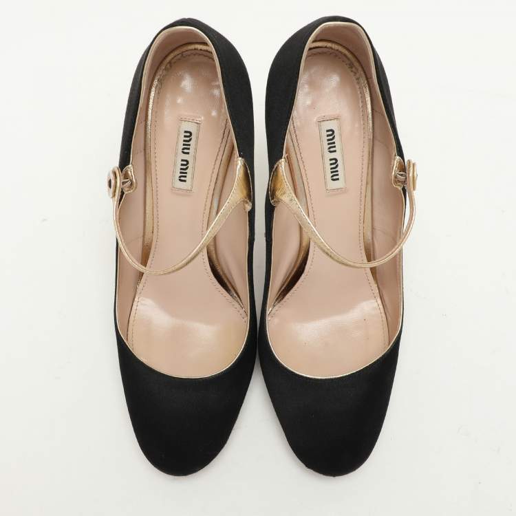 Pre Owned Miu Miu Black/Gold Satin and Leather Mary Jane Pumps Size 40