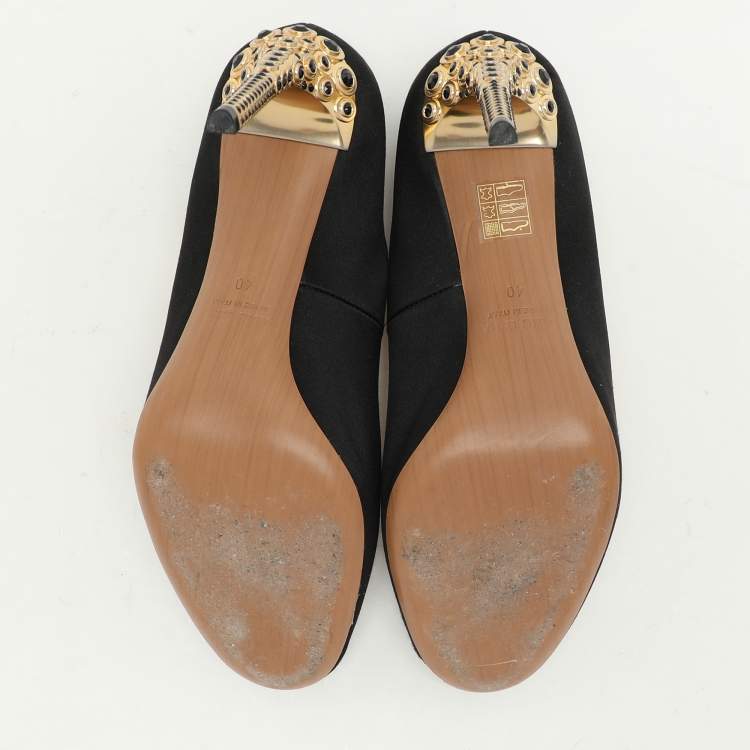 Pre Owned Miu Miu Black/Gold Satin and Leather Mary Jane Pumps Size 40