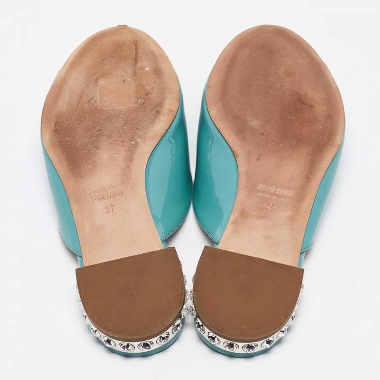 Pre Owned Miu Miu Green Patent Leather Bow Crystal Embellished Slides Size 37