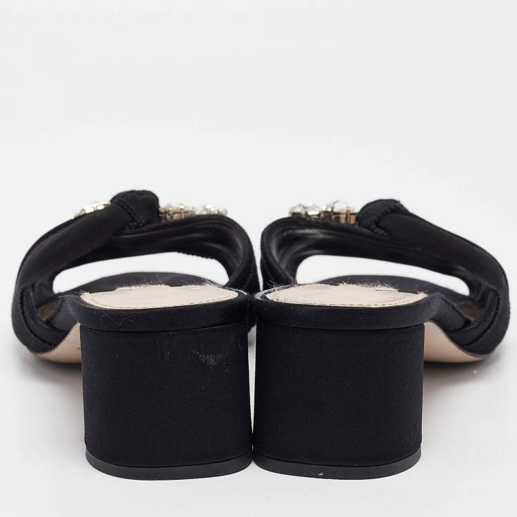 Pre Owned Miu Miu Black Satin and Knotted Fabric Crystal Embellished Slide Sandals Size 41