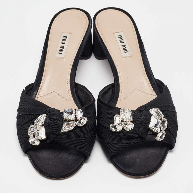Pre Owned Miu Miu Black Satin and Knotted Fabric Crystal Embellished Slide Sandals Size 41