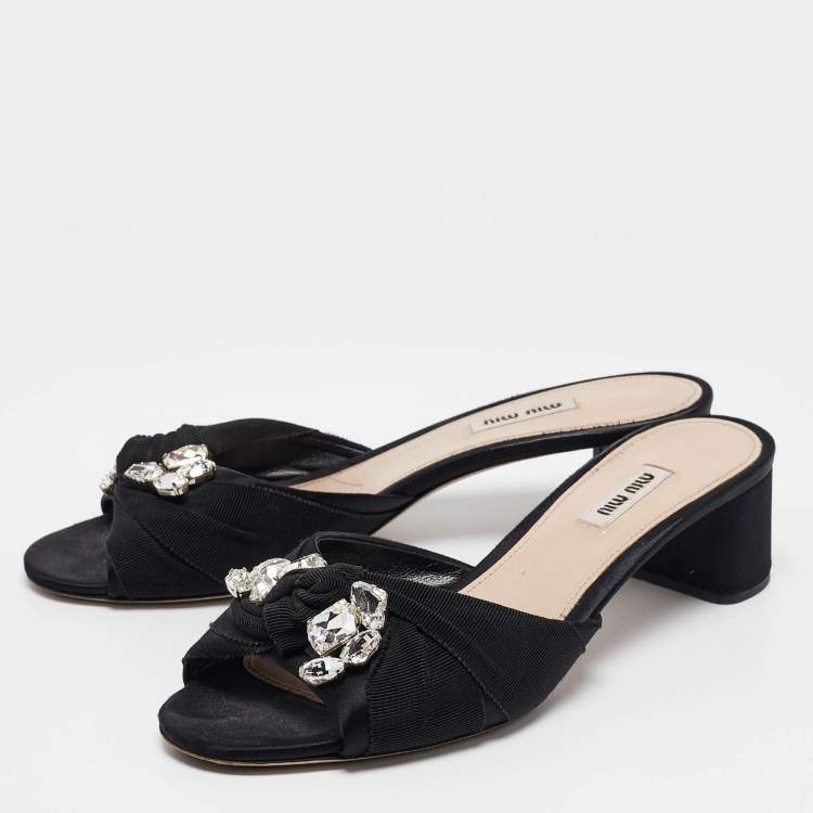 Pre Owned Miu Miu Black Satin and Knotted Fabric Crystal Embellished Slide Sandals Size 41