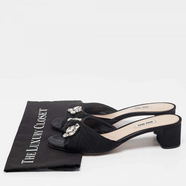 Pre Owned Miu Miu Black Satin and Knotted Fabric Crystal Embellished Slide Sandals Size 41