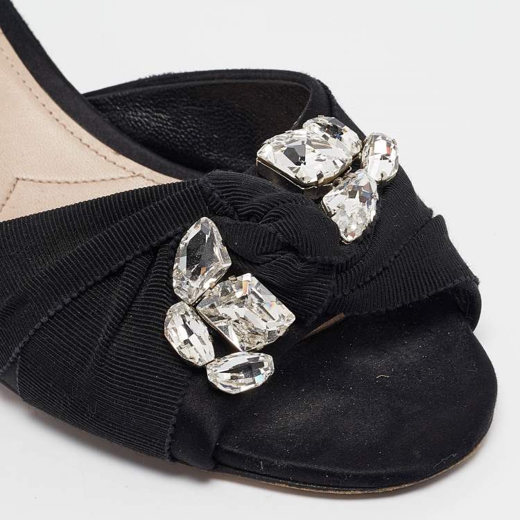 Pre Owned Miu Miu Black Satin and Knotted Fabric Crystal Embellished Slide Sandals Size 41