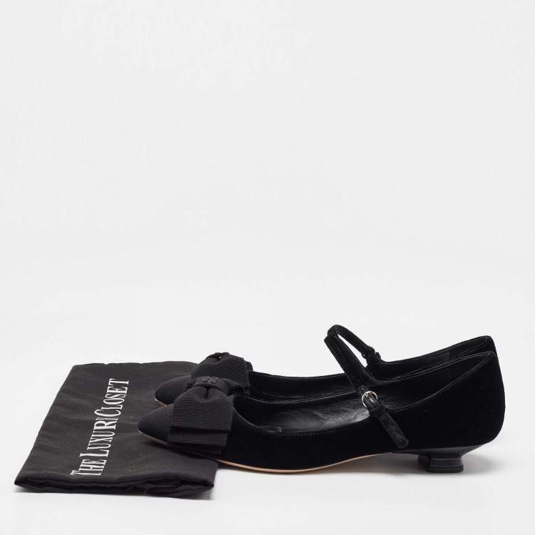 Pre Owned Miu Miu Black Velvet and Fabric Bow Mary Jane Ballet Flats Size 40
