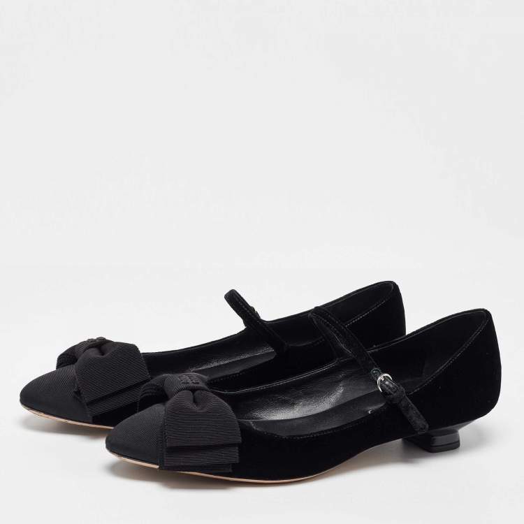 Pre Owned Miu Miu Black Velvet and Fabric Bow Mary Jane Ballet Flats Size 40