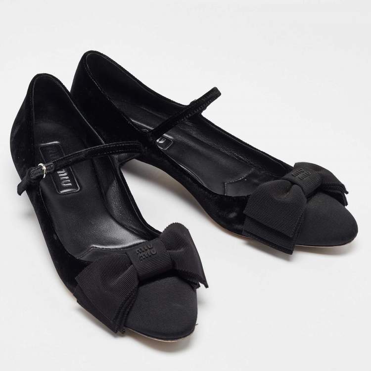 Pre Owned Miu Miu Black Velvet and Fabric Bow Mary Jane Ballet Flats Size 40