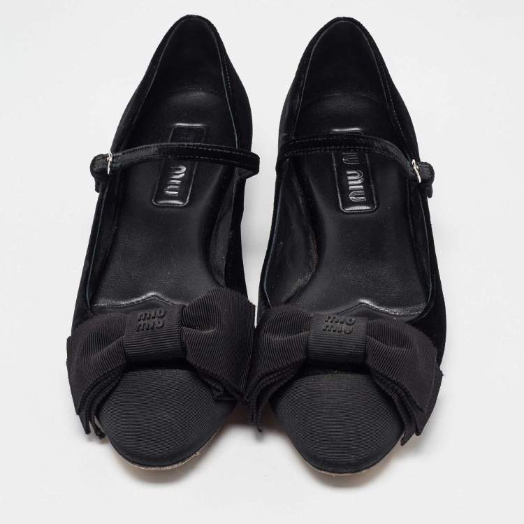Pre Owned Miu Miu Black Velvet and Fabric Bow Mary Jane Ballet Flats Size 40