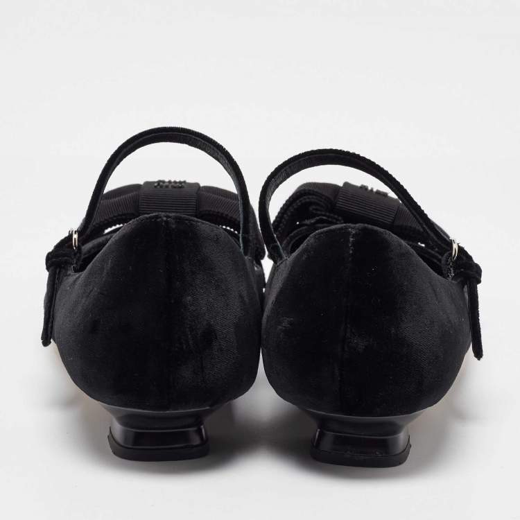 Pre Owned Miu Miu Black Velvet and Fabric Bow Mary Jane Ballet Flats Size 40