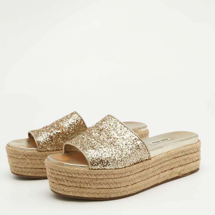 Pre Owned Miu Miu Gold Glitter Espadrille Platform Slide Sandals Size 38