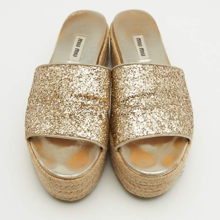 Pre Owned Miu Miu Gold Glitter Espadrille Platform Slide Sandals Size 38